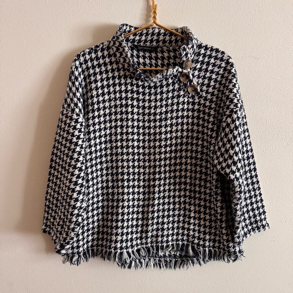 Zara // dark blue, white houndstooth tweed pullover top size large A26
